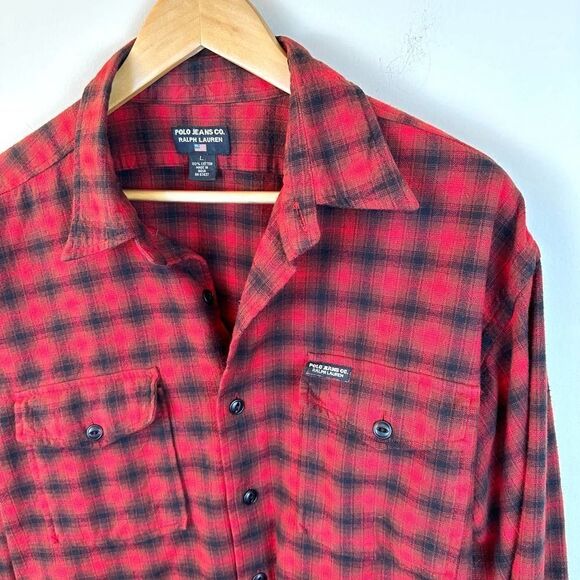 Polo‎ Jeans Ralph Lauren Vintage Red Flannel Shirt Men’s Large Read - Picture 2 of 8